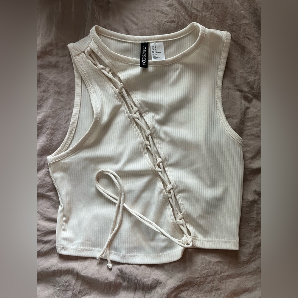 Cream colored lace up crop top